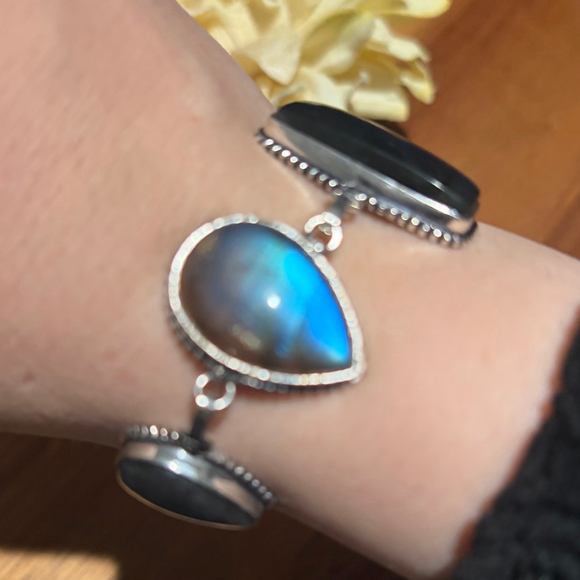 Blue Labradorite Bracelet Chunky Boho Southwest Sterling Silver 925 Overlay New - Picture 3 of 8